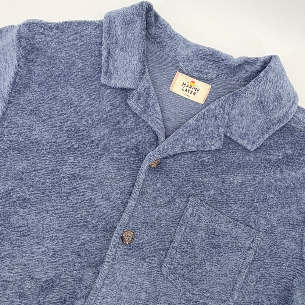 Marine Layer Shirt Mens Small Blue Terry Cloth S/S Camp Collar Button Up